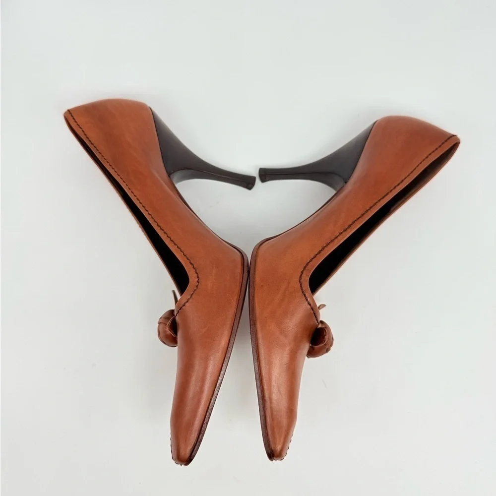 Prada Vintage Brown Leather 3D flower appilique square toe 100mm pumps EU37